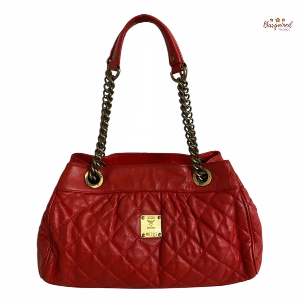 Authentic MCM Red Quilted Leather Small Gold Chain/Leather Shoulder Bag